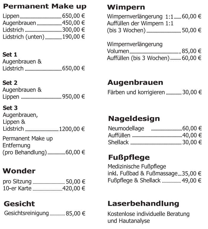 Contour Clinic Braunschweig Preisliste